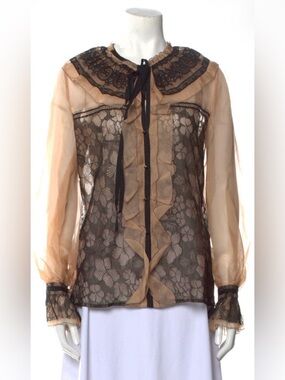 Oscar de la Renta Sheer Beige/Black  Lace Top Sz.S